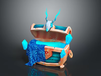 Household Decorative Orange Wooden Chest With Blue Flame Skull Glowing Interior And Blue Fabric Gems 3d model