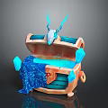 Household Decorative Orange Wooden Chest With Blue Flame Skull Glowing Interior And Blue Fabric Gems