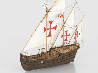 Vintage Wooden Ship Model with White Sails Red Crosses and Flags 3d model