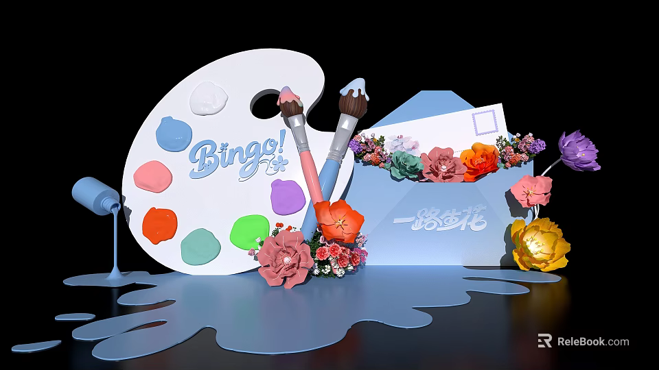 Artistic Photo Spot With Colorful Palette Paintbrushes Flowers Microphone And Bing Sign 3d model 