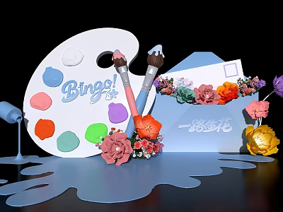 Artistic Photo Spot With Colorful Palette Paintbrushes Flowers Microphone And Bing Sign 3d model