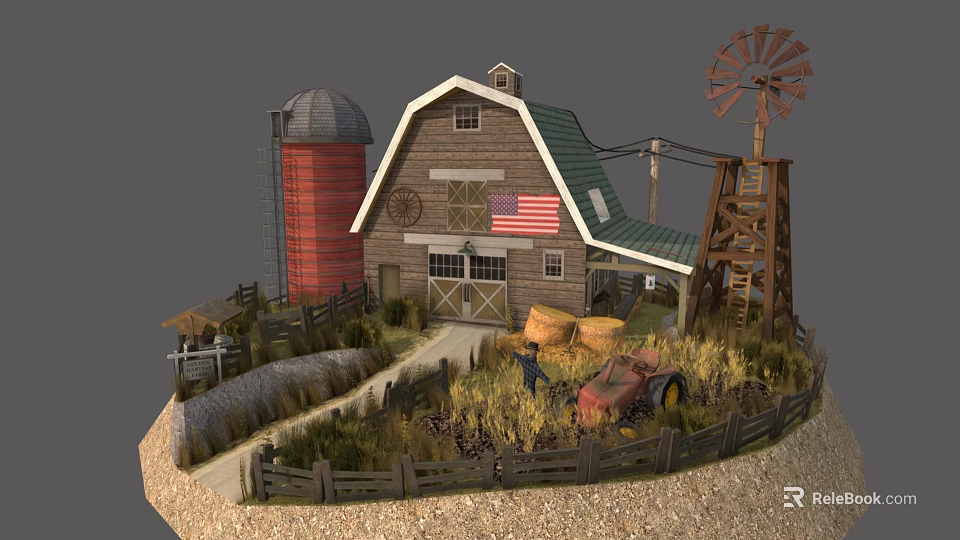 Traditional Farm Barn With Red Silo Windmill And Hay Bales Tractor 3d model 