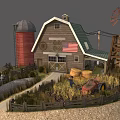 Traditional Farm Barn With Red Silo Windmill And Hay Bales Tractor
