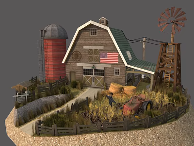 Traditional Farm Barn With Red Silo Windmill And Hay Bales Tractor 3d model