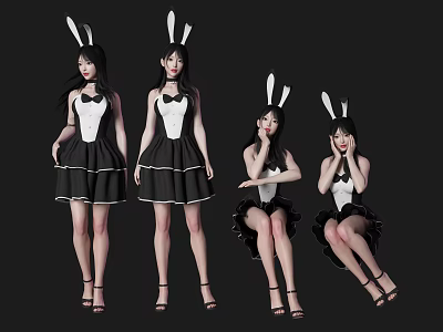 Women in Black and White Rabbit Costumes Posing in Different Standing and Sitting Positions 3d model