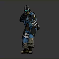 Man In Blue And Black Combat Suit With Helmet Green Glowing Eyes Holding Weapon