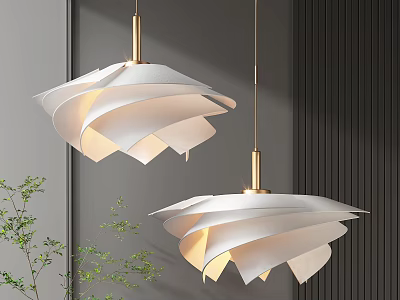 White Layered Pendant Lights With Gold Base And Green Plants In Modern Interior 3d model