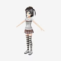 Anime Game Character With Pigtails Hat White T-shirt Plaid Skirt And Striped Stockings