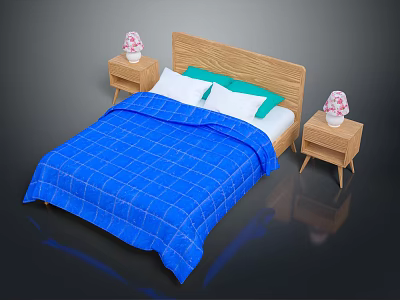 Cozy Bedroom With Wooden Bed Blue Check Quilt Nightstands And Floral Lamps For Multiple People 3d model