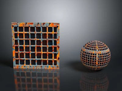 Grid Patterned Orange Blue Cube And Sphere With Reflections On Gray Surface 3d model