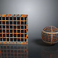 Grid Patterned Orange Blue Cube And Sphere With Reflections On Gray Surface