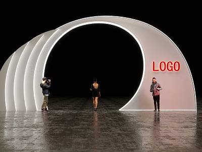 Stylish Event Entrance With White Curved Structure Red LOGO And People Taking 3d model