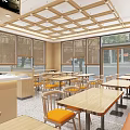 Bright Restaurant Interior With Wooden Lattice Ceiling Blue Mural Yellow Chairs And Open Counter