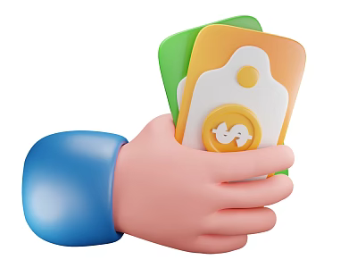 Animated Game Character Hand In Blue Sleeve Holding Colorful Cards With Smiley Symbol 3d model
