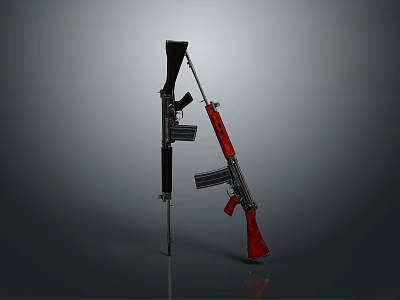 Modern Black and Red Assault Rifles with Magazines and Reflection on Gray Surface 3d model