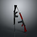 Modern Black and Red Assault Rifles with Magazines and Reflection on Gray Surface