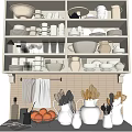 Organized Shelves With Stylish White Ceramic Kitchenware Plates Cups Pitchers And Cooking Utensils