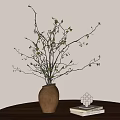 Minimalist Brown Ceramic Vase With Green Leaf Branches And White Decorative Balls On Light Background