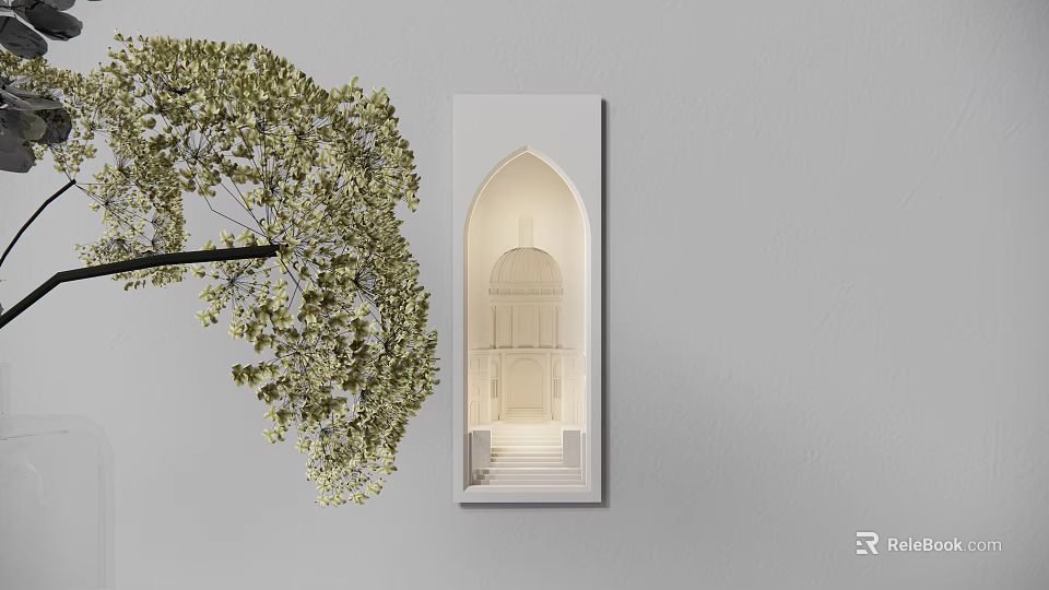 Arched Design Wall Lamp With Architectural Details And Green Plant Decoration 3d model 