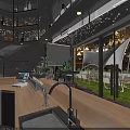 Modern Restaurant Interior Design With Decorative Ceiling Lights Bar Counter Menu Screens And Green Plants