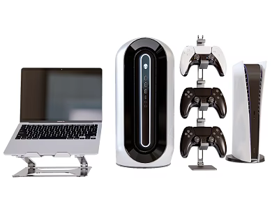 Modern Laptop On Stand With Desktop Tower Gaming Controllers And Console 3d model