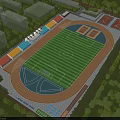 Aerial View Of Modern Football Field With Running Track And Colorful Stands Surrounded By Trees