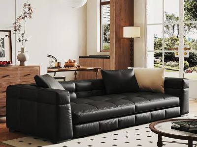 Black Leather Leisure Sofa Set with Beige Cushions in Modern Living Room and Floor Lamp 3d model