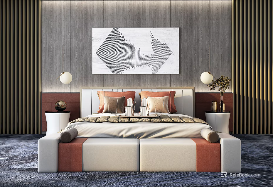 Modern Double Bed in Background with Upholstered Headboard Decorative Painting and Pendant Lights 3d model 