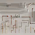 Different Types of Industrial Metal Pipes and Plumbing Fittings with Elbows Valves and Components