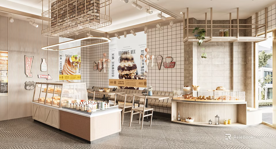 Modern Dessert Shop Interior With Pastries Display Cases And Seating Area 3d model 