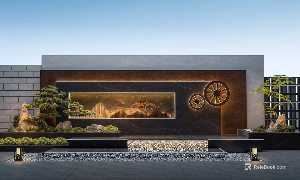 Modern Courtyard With Mountain Water Mural Circular Decorations Green Plants And Pebble Ground 3d model 