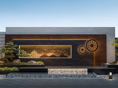 Modern Courtyard With Mountain Water Mural Circular Decorations Green Plants And Pebble Ground 3d model