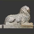 Reclining Ancient Stone Lion Statue With Detailed Curly Mane And Carved Pedestal