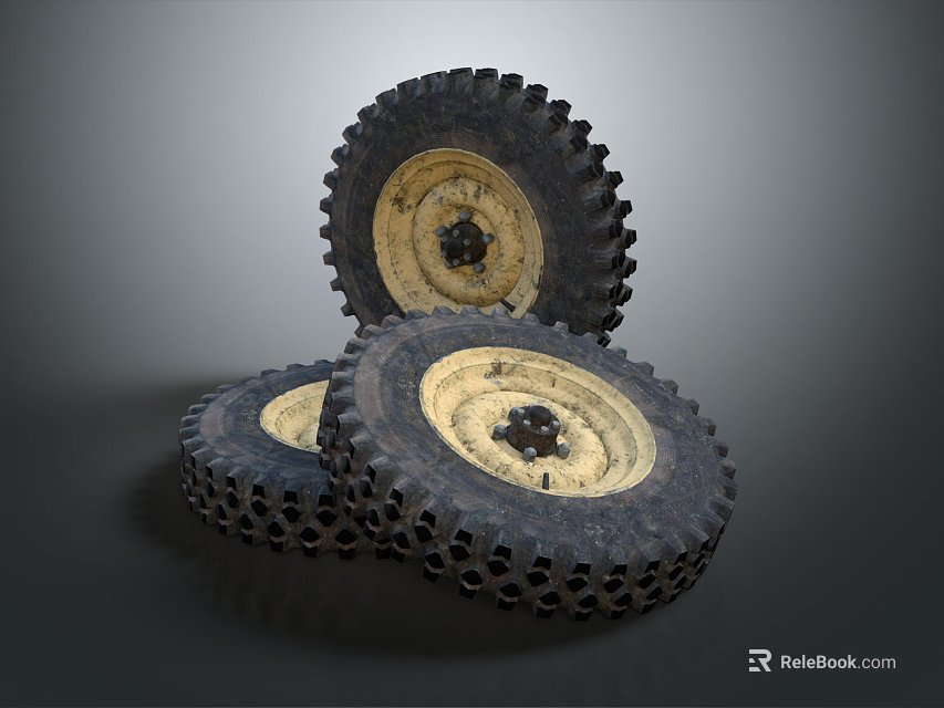 Three Stacked Off Road Tires With Deep Tread And Yellow Rims 3d model 