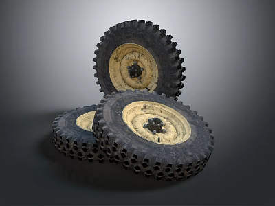 Three Stacked Off Road Tires With Deep Tread And Yellow Rims 3d model