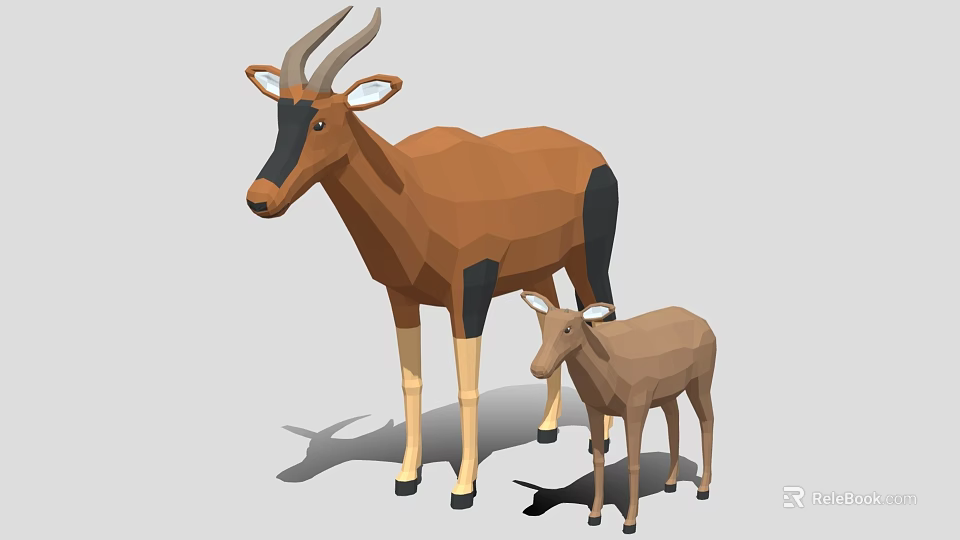 Low Poly 3D Model of Two Antelopes Mother and Baby Standing Together 3d model 