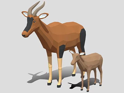 Low Poly 3D Model of Two Antelopes Mother and Baby Standing Together 3d model