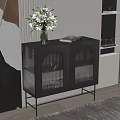 Modern Entryway Console Side Cabinet With Glass Doors Metal Frame And Flower Vase