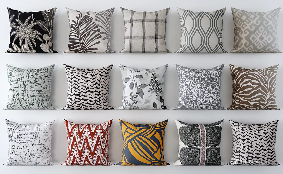 Modern Decorative Pillows With Diverse Patterns Including Palm Leaf Plaid And Geometric Designs 3d model 