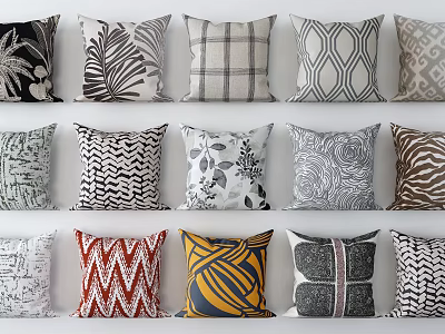 Modern Decorative Pillows With Diverse Patterns Including Palm Leaf Plaid And Geometric Designs 3d model