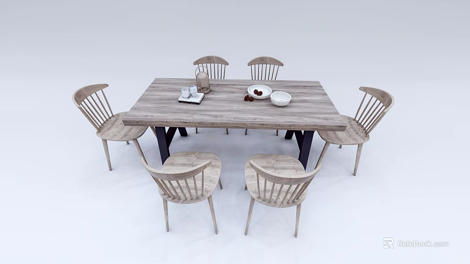Wooden Dining Table Set With Six Matching Chairs And Decorative Table Items 3d model