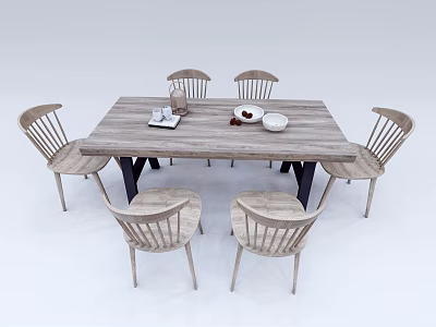 Wooden Dining Table Set With Six Matching Chairs And Decorative Table Items 3d model