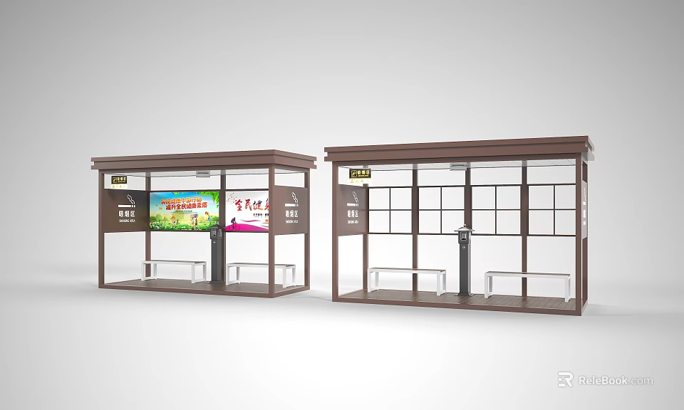 Modern Bus Stop Shelter Design With Seating Advertising Panel And Transparent Windows 3d model