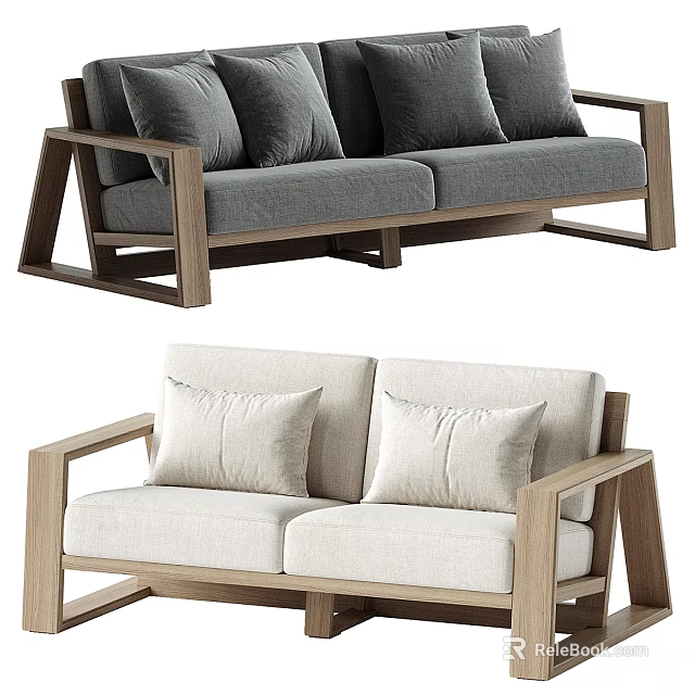 Gray And Beige Two Seater Sofa With Wooden Frame And Comfortable Cushions 3d model 