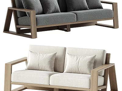Gray And Beige Two Seater Sofa With Wooden Frame And Comfortable Cushions 3d model