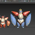 Cartoon Style Game and Movie Characters Red Blue Humanoid Figures with Crown and Wings
