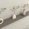Three White Vases With Green Plants Different Shapes On Gray Shelf Light Wall Interior Decor 3d model