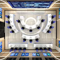 Modern Monitoring Room Interior With Curved Desks Blue Chairs And Screens