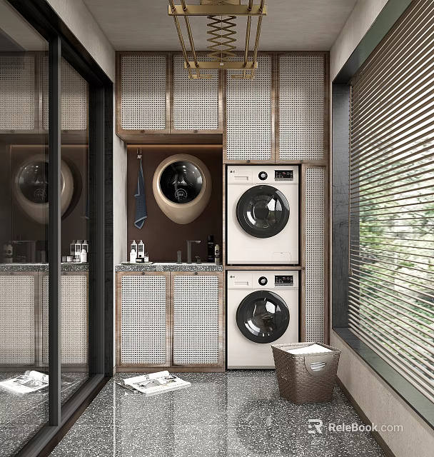 Home Balcony Design With Stacked Washing Machine Dryer And Storage Cabinets 3d model 