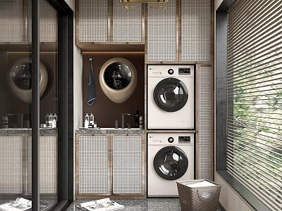 Home Balcony Design With Stacked Washing Machine Dryer And Storage Cabinets 3d model